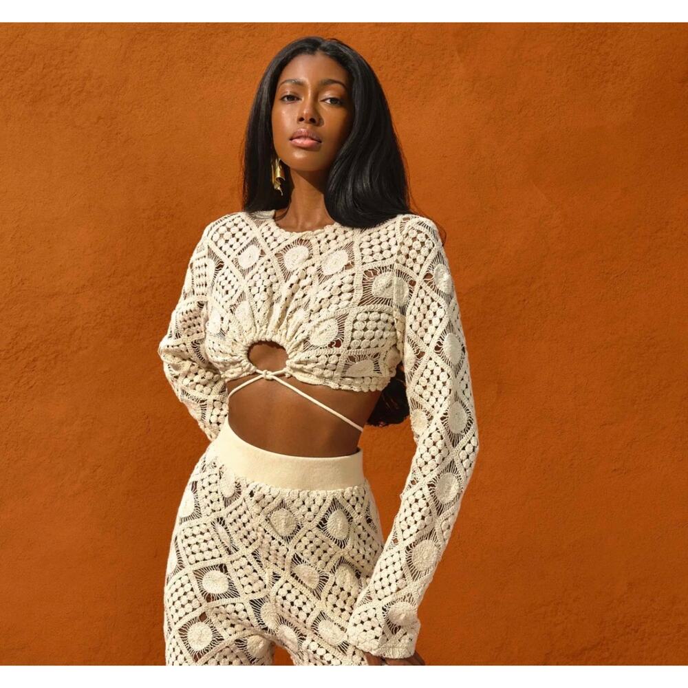 Andrea Iyamah Hira Crochet Crop Top Chalk XL NWT